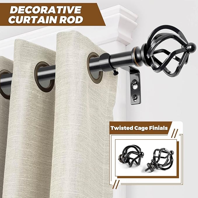 KAMANINA Black Curtain Rods for Windows 48 to 84 Inch, Adjustable Single Curtain Rod 32 to 86 Inch(2.6-7.1ft), 3/4 Inch Splicing Drapery Rods with Twisted Cage Finial