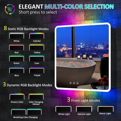 LED Medicine Cabinet with Lights, 30×32 Inch Lighted Medicine Cabinet with Mirror and Adjustable Lights, RGB Multicolor Backlit+3-Color Front Lighted, Defogger, Memory Function, Wall Mounted