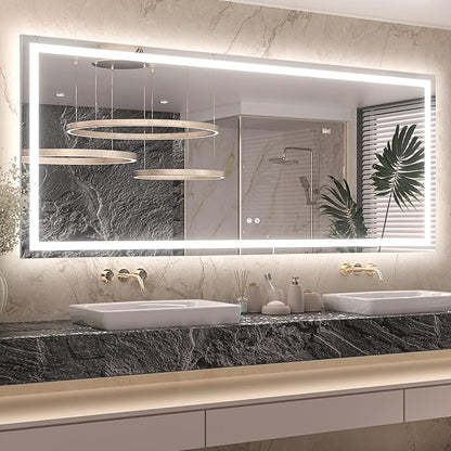 Keonjinn LED Bathroom Mirror 72" x 32" with Frontlit & Backlit, Lighted Mirror for Bathroom Wall with Dimmable 3-Color Lights, Large Anti-Fog Mirror, HD Tempered Glass, UL-Listed LED Driver