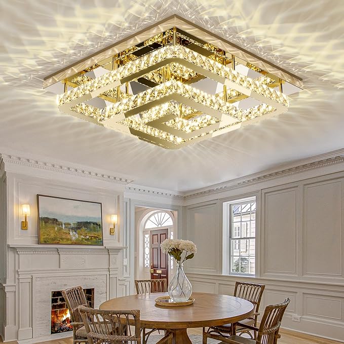 34" Modern Gold Crystal Chandelier with Remote/App Control, Dimmable Flush Mount Ceiling Light Fixture,3-Color Temperature, Led Ceiling Lamp for LivingRoom Bedroom Kitchen DiningRoom Entryway