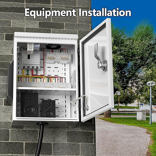 Outdoor Electrical Box with Thermostat and Fan, Cold-Rolled Steel Plate, Aluminum Alloy Back Beam, One-Piece Ventilation Design, IP65 Waterproof, Wall/Pole Mounted. (15.7" x 11.8" x 5.9")