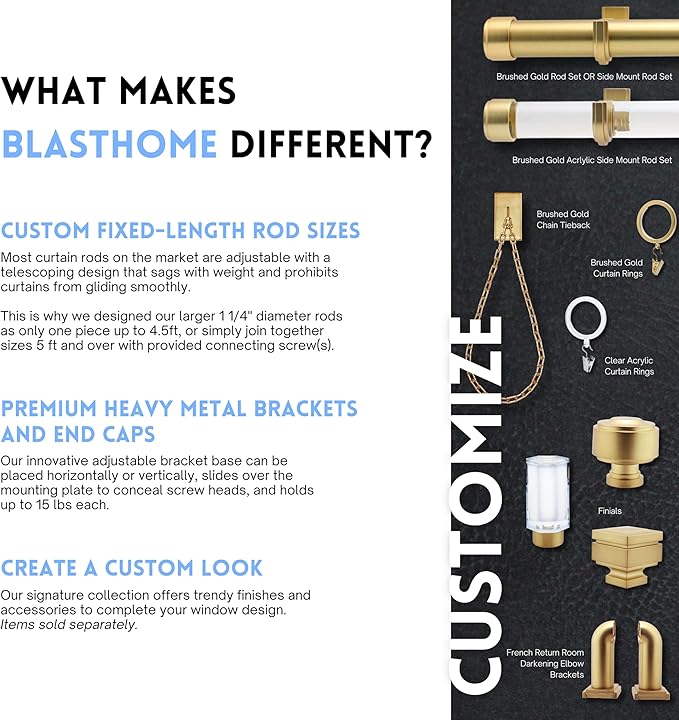 BlastHome® Non-Adjustable Luxury Extra Long Curtain Rod, 1 ¼” Rod Set, 15 foot Fixed Length (Four Rods Connect for a Seamless Look), Brushed Gold