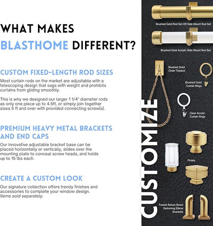 BlastHome® Non-Adjustable Luxury Curtain Rods for Windows, 1 ¼” Rod Set, 12 foot Fixed Length (Three Rods Connect for a Seamless Look), Brushed Gold