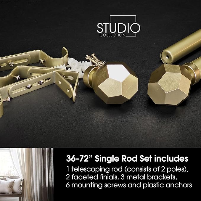 1-1/8 Inch Diameter Champagne Gold Curtain Rod with Geometric Faceted Finials, 36-72'' Telescoping Single Curtain Rods for window width 24-68 inch, 1 pack