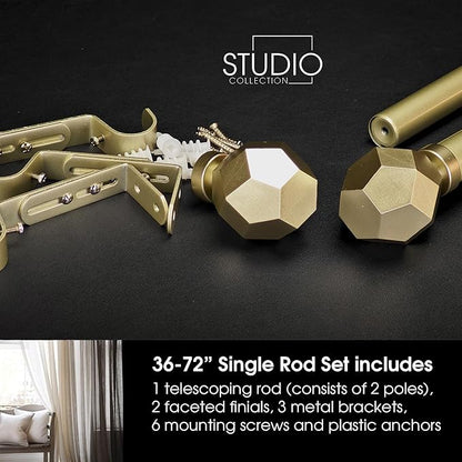 1-1/8 Inch Diameter Champagne Gold Curtain Rod with Geometric Faceted Finials, 36-72'' Telescoping Single Curtain Rods for window width 24-68 inch, 1 pack