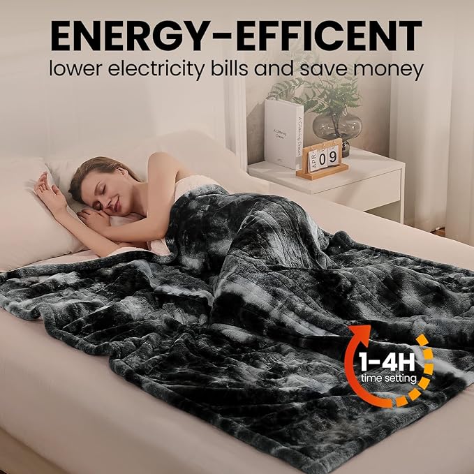 Electric Heated Blanket 62"x84",Luxury Black Twin Faux Rabbit Fur Electric Blanket,Fast Heating Soft Fluffy Thick Electric Blanket with 6 Heating Levels & 12H Auto Off