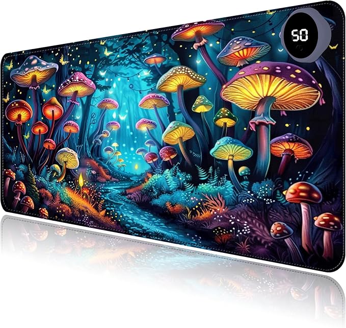 Heated Mouse Pad with 3 Levels Heated & 3 Hours Auto Shut-Off Mouse Pad for Warming Hands in Office Home, 31.5" x 13"Large Safe Desk Mat Hand Warmer，Forest Glowing Mushroom