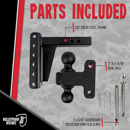 BulletProof Hitches - 2.0" Adjustable Heavy Duty Trailer Hitch (22,000 lb. Rating) - 6" Drop/Rise Trailer Hitch with 2" & 2-5/16" Dual Ball - Powder Coat, Solid Steel, Corrosion-Resistant