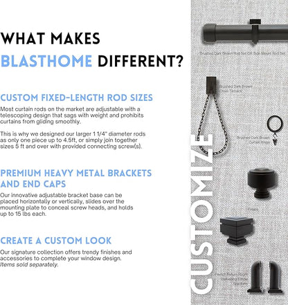 BlastHome® Non-Adjustable Luxury Curtain Rods for Windows, 1 ¼” Rod Set, 5 foot Fixed Length (Two Rods Connect for a Seamless Look), Brushed Dark Brown