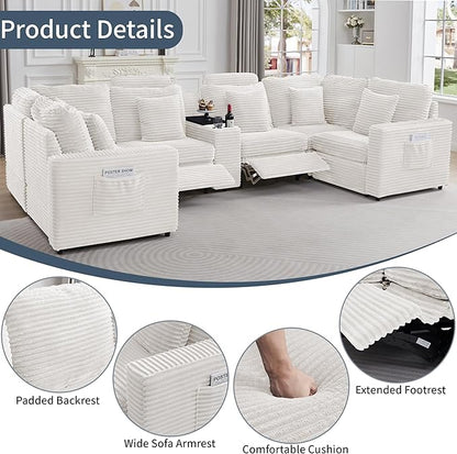 LEVNARY 6-Seat U Shaped Modular Sectional Sofa with Power Recliners, Faux Rabbit Fur Upholstery, Storage Console with Charging Ports & Cup Holders, Living Room Couch Set for Home Office (White)