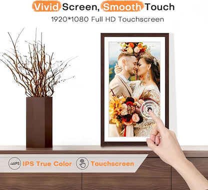 Digital Picture Frame Frameo, Large 15.6 Inch Digital Photo Frame, WiFi Electric Frame, 1920 * 1080 IPS FHD Touchscreen, 32GB, Tabletop&Wall-Mounted, Share Video Picture, Gifts for Mom, Black Walnut