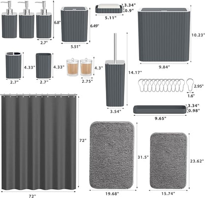 Bathroom Accessory Set - Bathroom Set, 27PC Bathroom Accessories Set, Grey Bathroom Sets with Shower Curtain and Rugs, Mini Trash Can, Toilet Brush, Trash Can & Soap Dispenser