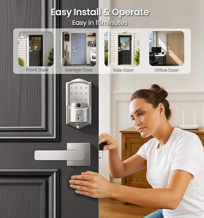 Veise VE027-L Built-in WiFi Smart Door Lock with Lever Handle Set, Fingerprint keyless Entry Door Lock, App Remote Control, Electronic Digital Keypad Deadbolt for Front Door, Auto Lock, Satin Nickel