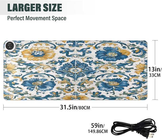 Heated Desk Pad Mouse Pad 31.5x13 Inch PU Leather Desk Mat with 3 Heat Levels Large Mouse Gaming Computer Laptop Mat Floral Blue and Yellow Tile