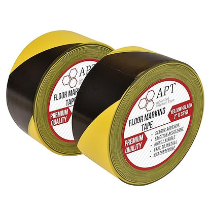 APT Premium Durable Black & Yellow Striped Safety Marking Tape (2 Rolls of 2" x 99Ft (33 Yds)) Hazard Caution& Warning, Social Distancing, Warehouse & Gym Floor