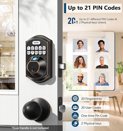 TEEHO TE002 Fingerprint Door Lock - Keyless Entry Door Lock - Electronic Keypad Deadbolt - Smart Locks for Front Door - Auto Lock - Easy Installation - Oil-Rubbed Bronze