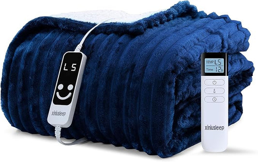 Heated Blanket Electric Blanket 62"x84", Soft Flannel Sherpa Electric Throw with 5 Heating Level & 12 Times Setting, Heated Throw with Overheating Protection, Machine Washable (Navy Blue)