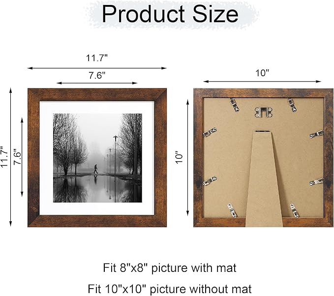 iRahmen 10x10 Picture Frame Set of 4 with Real Glass, Rustic Frames Display 8x8 Picture with Mat or 10 x 10 Without Mat, Wooden Square Photo Frame for Wall Mount and Tabletop Display