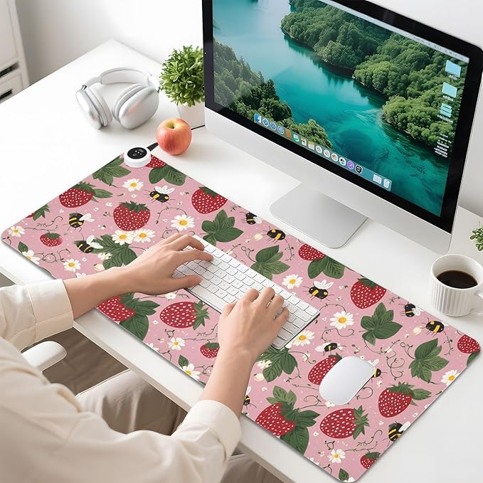 Heated Desk Pad Mouse Pad 31.5x13 Inch PU Leather Desk Mat with 3 Heat Levels Large Mouse Gaming Computer Laptop Mat Pink Bees Flowers Strawberry