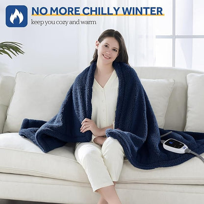 Sealy Electric Blanket Heated Throw 50"x60" Soft Double Sherpa Super Cozy with 6 Fast Heating Levels & 2-10 Hours Auto-Off, Over-Heat Protection, Machine Washable, Navy Blue