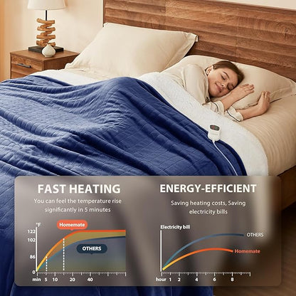 Homemate Electric Heated Blanket King - 100"x90" Heating Bed Blankets Throw with 10 Heating Levels 8 Hours Auto Off Fast Heating Over-Heated Protection Ultra Soft Warm Flannel ETL Certified Navy Blue