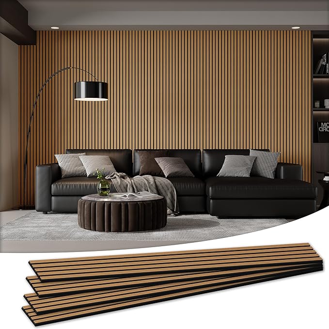 Wood Salt Acoustic Wall Panels, 4 Piece 94" x 12.6" x 0.8" Soundproof Wooden Wall Panels, 3D Fluted Sound Absorbing Panel, Teak