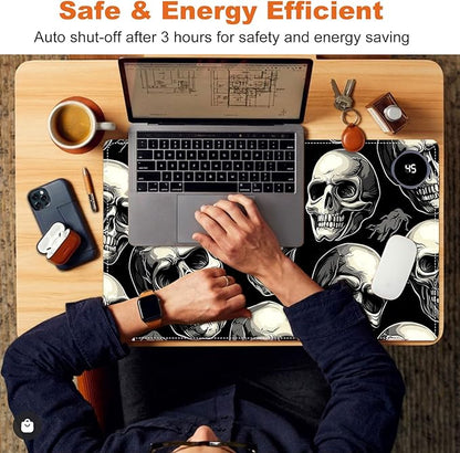 Small Heated Desk Pad 23.6" x 14.2" – Compact Electric Mouse Pad with 3 Heating Levels, Auto Shut-Off, Waterproof PU Surface, Plug-in Warmer for Office or Home Use, Skull Pattern