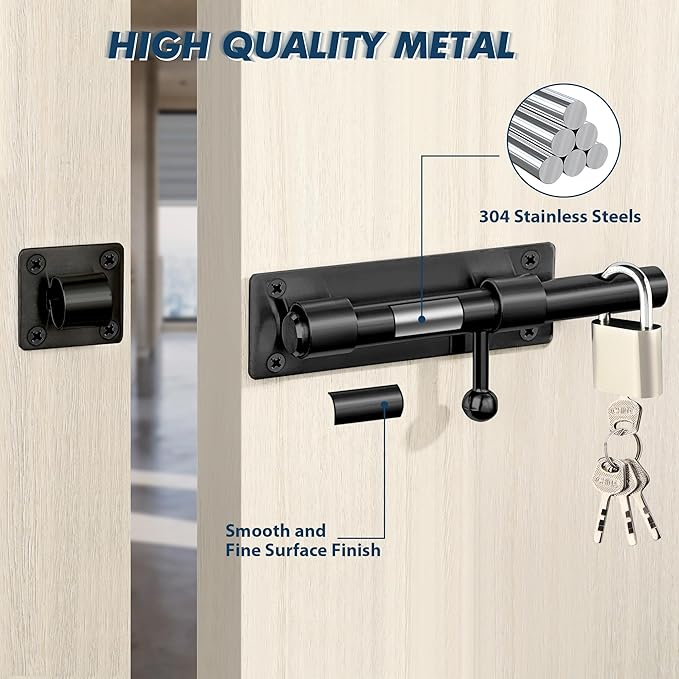 Alise 6 inch Barrel Bolt Latch, Slide Bolt Latch, Heavy Duty Solid SUS304 Stainless Steel Slide Lock for Wooden Fence,Barn Door,Interior or Outdoor Door Matte Black MST8060-B