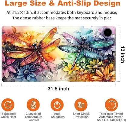 Heated Mouse Pad for Desk 31.5" x 13" – PU Leather Warm Desk Pad with 3 Heat Levels (104°F/113°F/122°F), Plug-in Electric Heating Mat with Auto Shut-Off, Waterproof & Rollable, Colorful Dragonflies