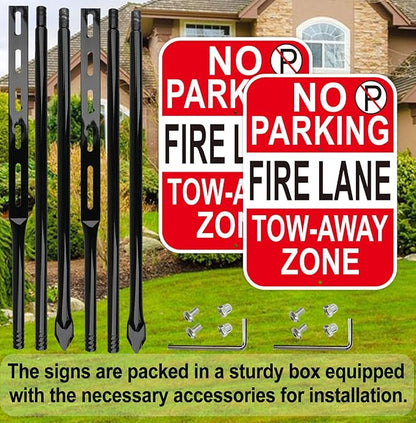No Parking Fire Lane Sign, with 54 Inch Black Metal Stakes, 10 x 14 Inches Reflective Sheeting Rust Free Aluminum, 2 Pack, Indoor/Outdoor Use