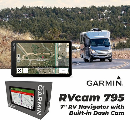 Wearable4U - Garmin RV Cam 795, Large, Easy-to-Read 7 GPS Navigator, Built-in Dash Cam, Automatic Incident Detection, Custom RV Routing with Power Pack Bundle
