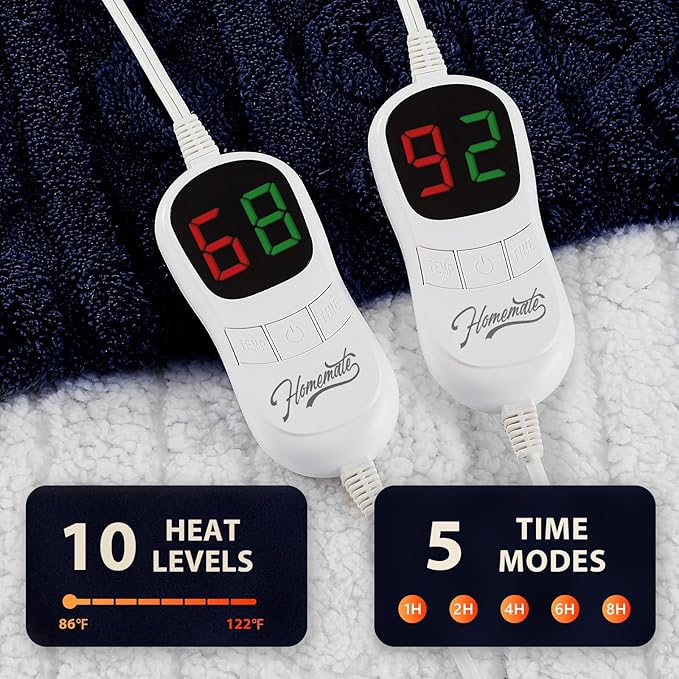 Homemate Electric Heated Blanket King - 100"x90" Heating Bed Blankets Throw with 10 Heating Levels 8 Hours Auto Off Fast Heating Over-Heated Protection Ultra Soft Warm Flannel ETL Certified