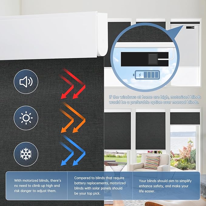 DENFOON Motorized Blinds with Remote control, Custom Blackout Smart Blinds [with Cover],Electric Blinds with Complimentary Solar Panel, Cordless Automatic Roller Shades for Windows (Black，20"W x 72"H)