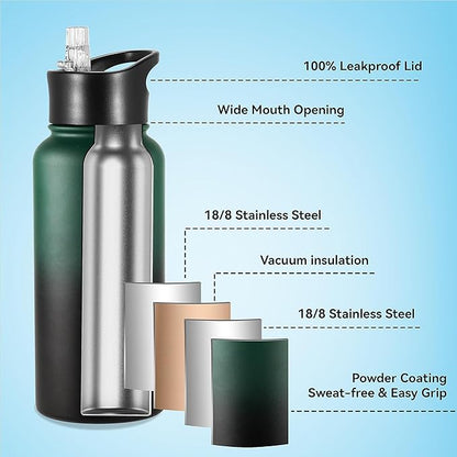 VEGOND 32 oz Insulated Water Bottle Bulk Stainless Steel Metal Water Bottles with Leak Proof Straw Lid & Spout Lid, Wide Mouth Double Walled Vacuum Travel Sports Bottle, 8 Pack