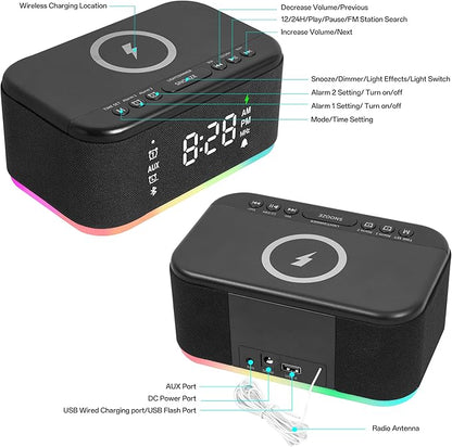 Bluetooth Alarm Clock Radio Bedroom, Digital Dual Alarm Clock Bedroom, Up to 10 Alarms Clock Night Light Speaker App/Button Control FM Charge Snooze Adjustable Volume Dim 12/24H, Black