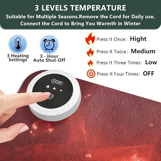 Large Heated Mouse Pad,Leather Desk Mat,31.5"x13", Hand Warmer Pads for Desk,Rose(Red)