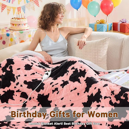 Cow Print Heated Electric Blanket Twin Size,62X84 Light Pink Heating Blanket with 10 Heats Levels & 8 Hours Auto Off,Highland Cow Fleece Sherpa Blankets Warmer Gifts for Women Adults,Washable