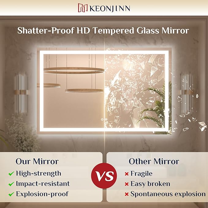 Keonjinn 24x32 Inch LED Bathroom Mirror with Light, Frontlit & Backlit, Lighted Mirrors for Bathroom Wall with Dimmable 3-Color Lights, Anti-fog Vanity Mirror with Tempered Glass, UL-Listed LED Driver