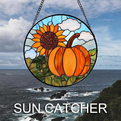 Stained Glass Window Hanging Fall Farm Scenery Sunflower Pumpkin Large 11.8" - Suncatcher Door Garden Kitchen Sunroom Sun Catcher Home Decor Birthday for Mom Grandma Men Woman