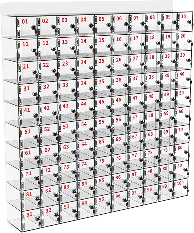 Cell Phone Locker 100 Slots Acrylic Cell Phone Lock Box with Door Locks and Keys, Wall-Mounted Cell Phone Storage Cabinet for Office Classroom Gym Firms, Clear Lockers for Storage (Large 100 Slots)