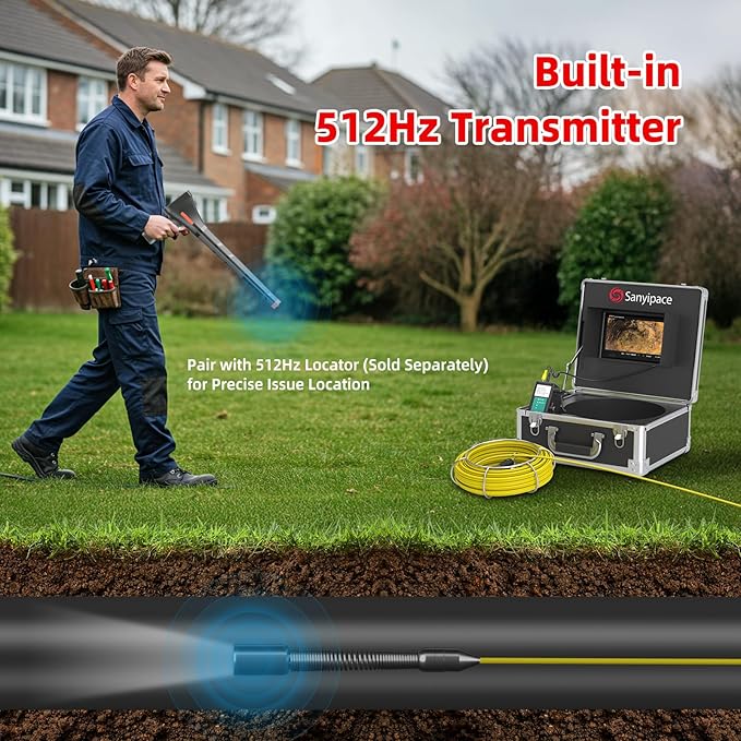 Sanyipace Sewer Camera 65FT/20M, Self-Leveling Drain Pipe Plumbing Camera with 512Hz Transmitter, Clear Meter Marks, for Plumbers Homeowner Home Inspectors Construction Maintenance Worker