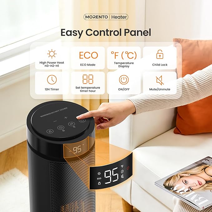 MORENTO Space Heater for Indoor Use, 1500W Ceramic Fast Heat, Electric Space Heater for Large Room with Remote, Thermostat, Digital Display, 5 Modes, 12H Timer, 70° Oscillation, 23dB Black 1 Pack