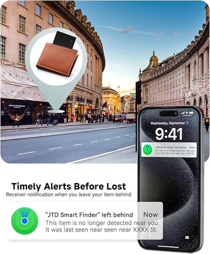 JTD Mini Trackers & Wallet Tracker Card, Find My Smart Wallet Card Rechargeable, IP68 Waterproof, Compatible with Apple (iOS Only), Luggage Label Item Locator (2tags1card)