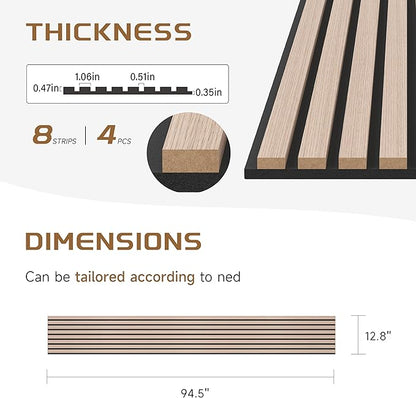Stylish Decorative Wall Panels, 4 Pack 8 x 1 ft, Modern Acoustic Wood Panels with Felt Backing, Natural