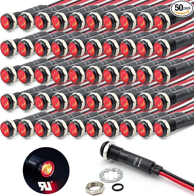 50Pcs 8MM (5/16") Indicator Light 12V 24V Metal Pilot Lamp Lights Aluminum Black Anodized Waterproof ip67 Red Signal Lamp Light(12V-24V Black Anodized-Red)