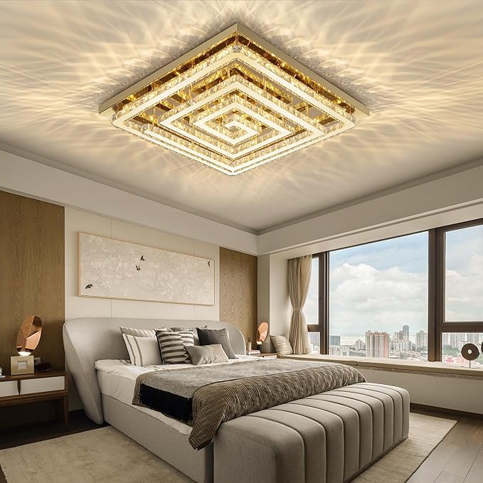 43" Modern Gold Crystal Chandelier with Remote/App Control, Dimmable Flush Mount Ceiling Light Fixture,3-Color Temperature, Led Ceiling Lamp for LivingRoom Bedroom Kitchen DiningRoom Entryway