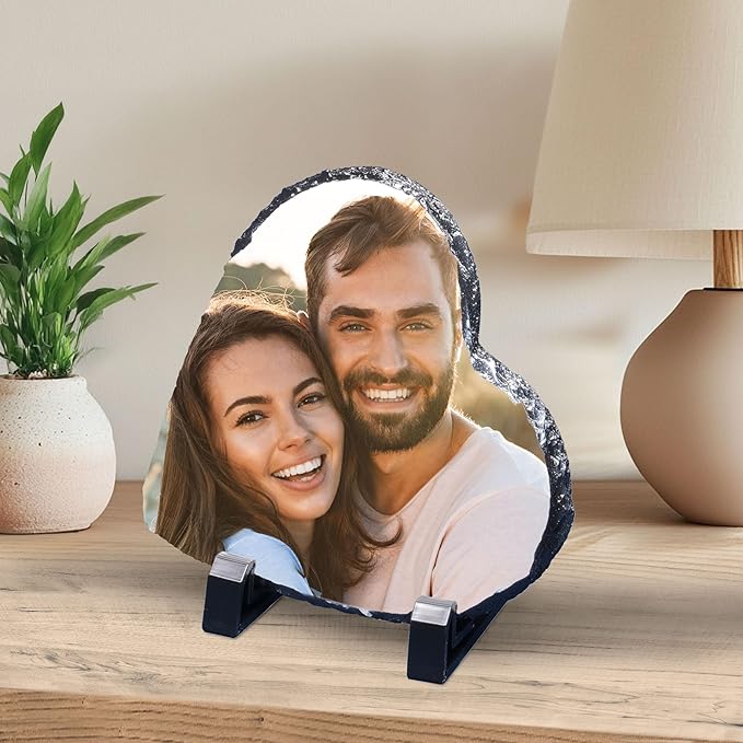 ArtPix 3D Christmas Personalized Slate Plate, Customized Xmas Photo Print Stone, Custom Picture Gift for Wife, Women, Family, Her, Him, Rock Slate Plaque Frame (Small - Heart Shape)