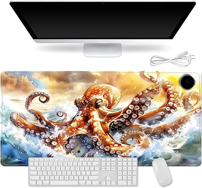 Small Heated Desk Pad 23.6" x 14.2" – Compact Electric Mouse Pad with 3 Heating Levels, Auto Shut-Off, Waterproof PU Surface, Plug-in Warmer for Office or Home Use, Ocean Octopus