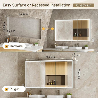 72x30 LED Medicine Cabinet Mirror with Double Lights-Front & Backlit, 155°Soft-close Hinge, Surface or Recessed Dimmable Lighted Medicine Cabinet Mirror with Clock Outlet Inner Light,Anti-fog