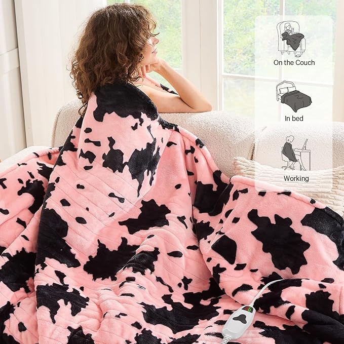 Cow Print Heated Electric Blanket Throw,50X60 Light Pink Heating Blanket with 10 Heats Levels & 8 Hours Auto Off,Highland Cow Stuff Fleece Sherpa Blankets Warmer Gifts for Women Adults Washable